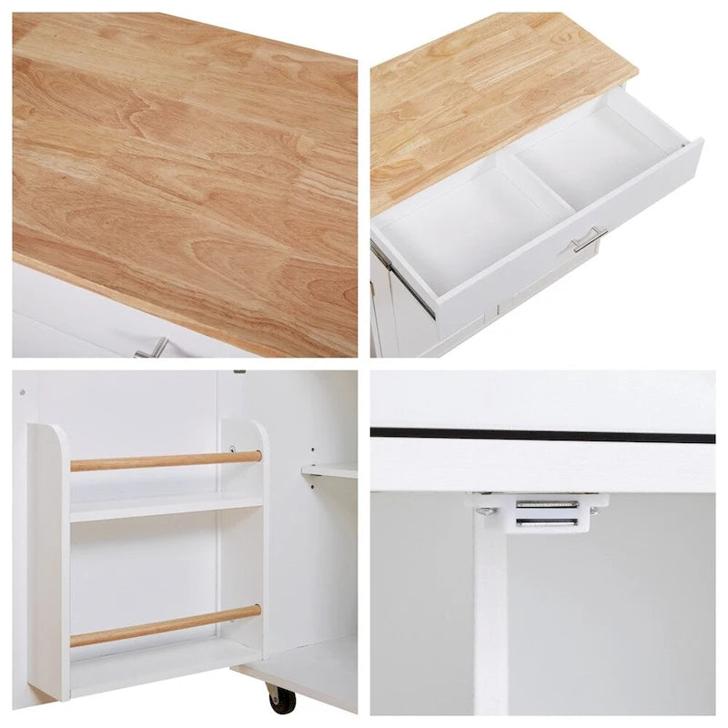 Desserte de cuisine roulante avec étagère réglable, porte-torchons et plateau en bois d'hévéa