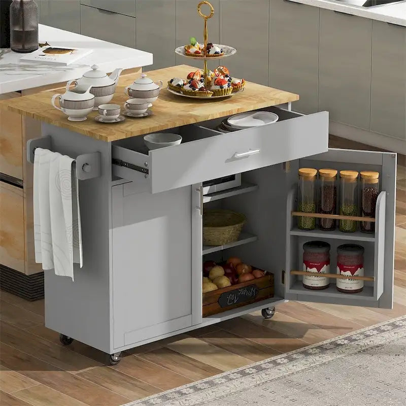 Desserte de cuisine roulante avec étagère réglable, porte-torchons et plateau en bois d'hévéa