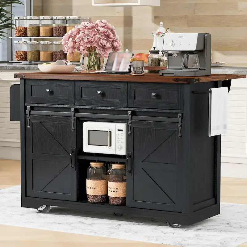 Îlot de cuisine de ferme de 136,4 cm avec prises électriques et 2 portes coulissantes de style grange