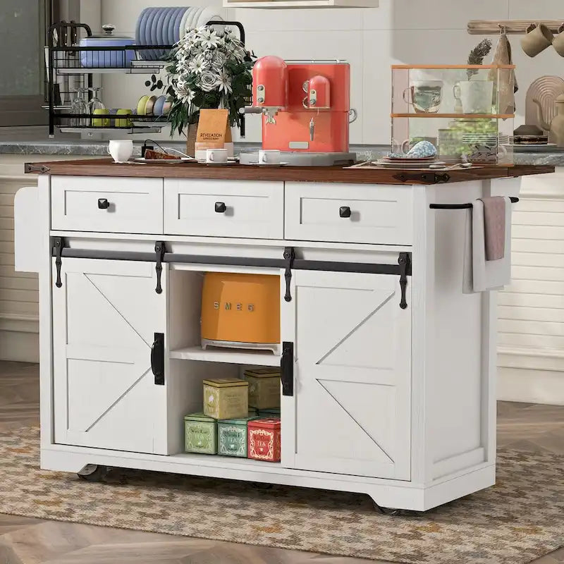Îlot de cuisine de ferme de 136,4 cm avec prises électriques et 2 portes coulissantes de style grange
