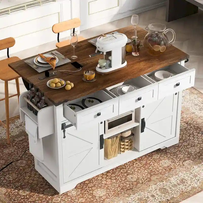 Îlot de cuisine de ferme de 136,4 cm avec prises électriques et 2 portes coulissantes de style grange