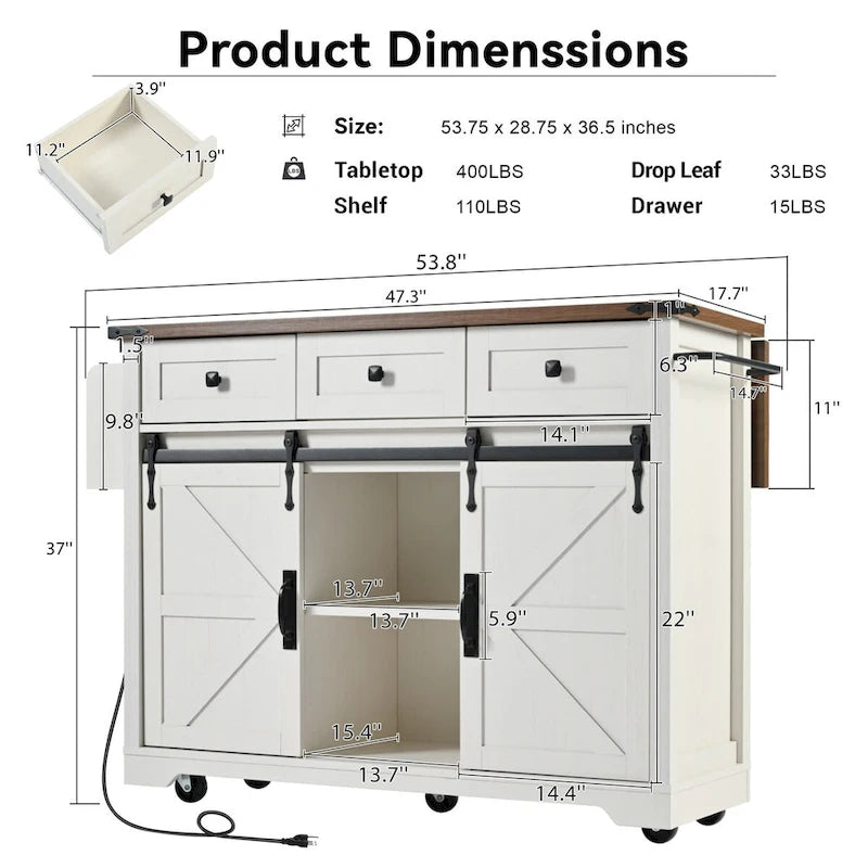 Îlot de cuisine de ferme de 136,4 cm avec prises électriques et 2 portes coulissantes de style grange