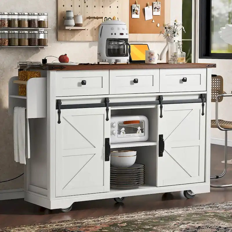Îlot de cuisine de ferme de 136,4 cm avec prises électriques et 2 portes coulissantes de style grange