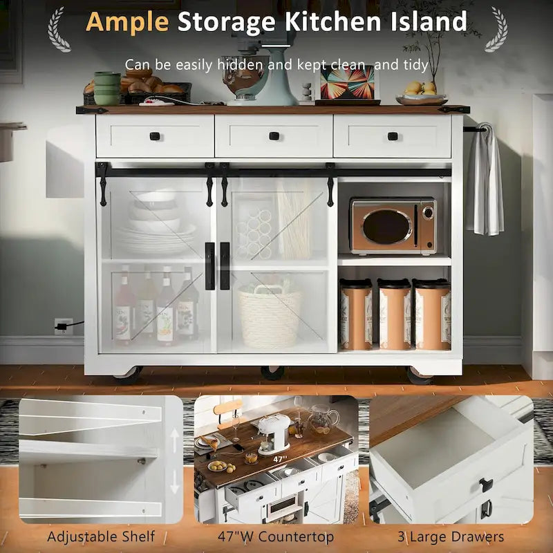 Îlot de cuisine de ferme de 136,4 cm avec prises électriques et 2 portes coulissantes de style grange