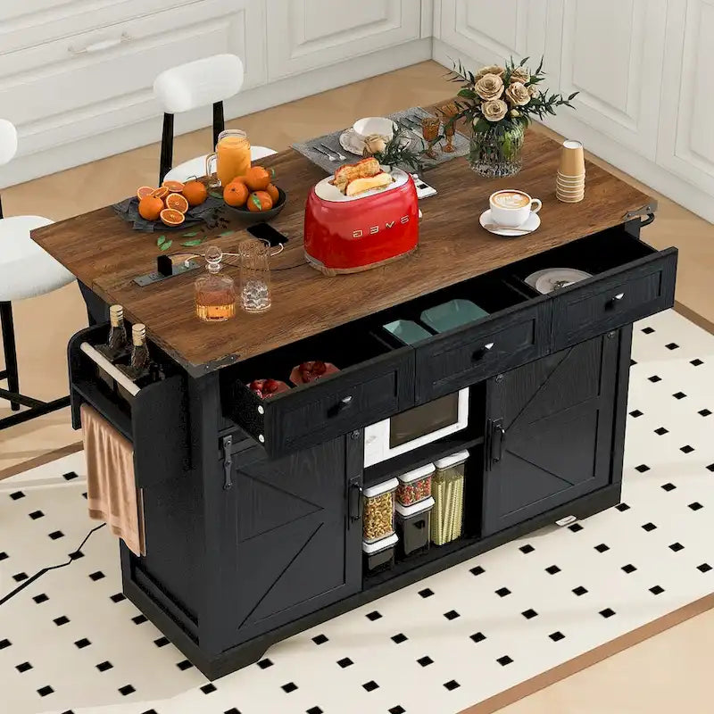 Îlot de cuisine de ferme de 136,4 cm avec prises électriques et 2 portes coulissantes de style grange