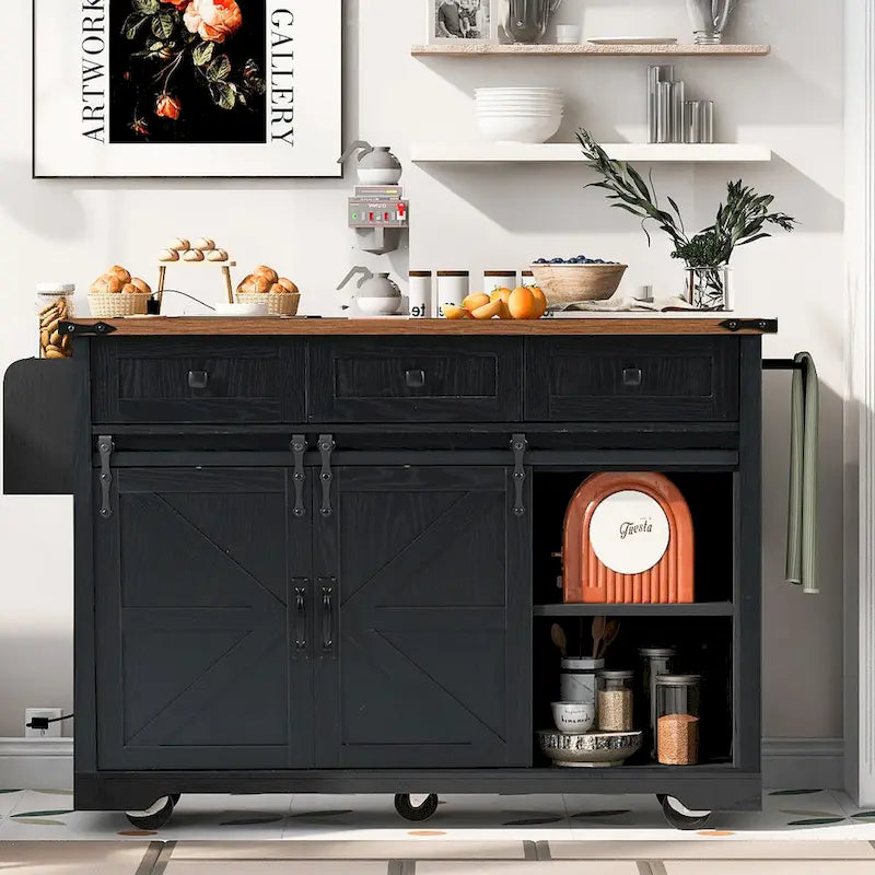 Îlot de cuisine de ferme de 136,4 cm avec prises électriques et 2 portes coulissantes de style grange
