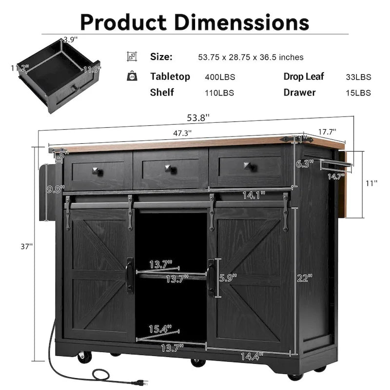Îlot de cuisine de ferme de 136,4 cm avec prises électriques et 2 portes coulissantes de style grange