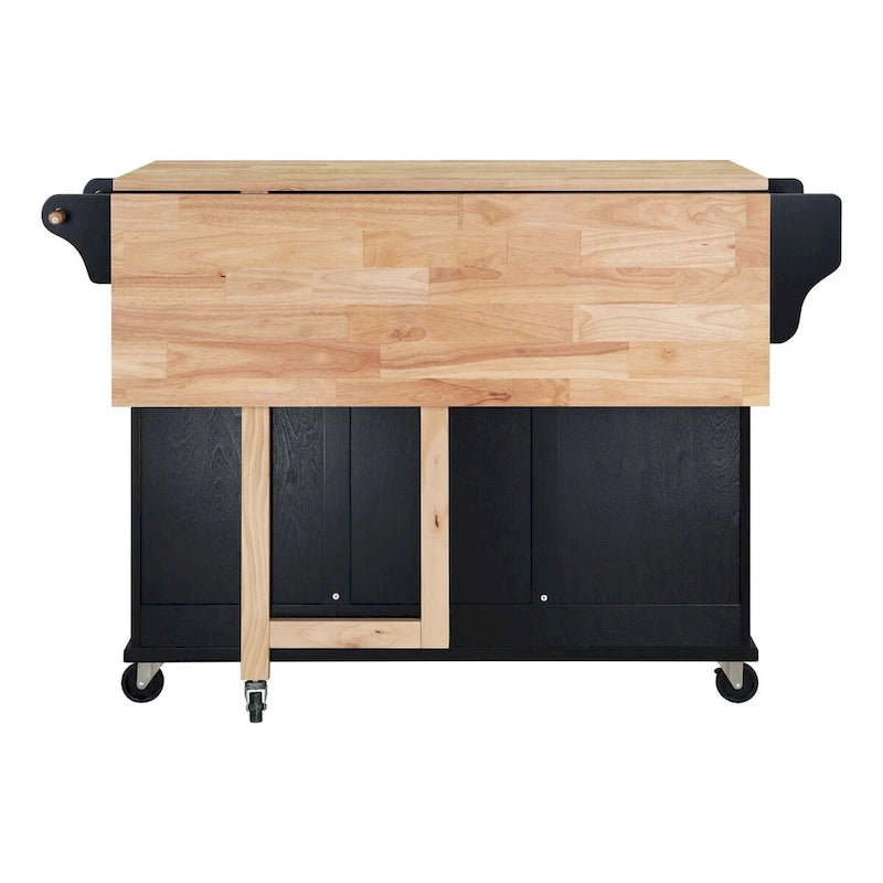 Îlot de cuisine en bois naturel avec rangements, tiroirs coulissants et roulettes robustes