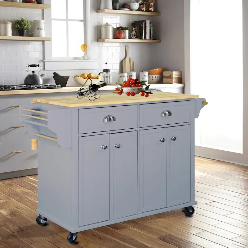Îlot de cuisine en bois naturel avec rangements, tiroirs coulissants et roulettes robustes