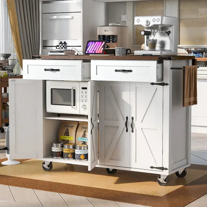 Îlot de cuisine de 136 cm style ferme avec prise électrique, abattant, étagère à épices et tiroir