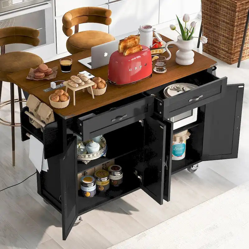 Îlot de cuisine de 136 cm style ferme avec prise électrique, abattant, étagère à épices et tiroir