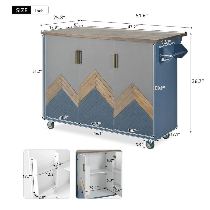 Îlot de cuisine de 51 po de largeur avec comptoir rétro à abattant sur 4 roulettes, étagère de rangement interne et porte-serviettes