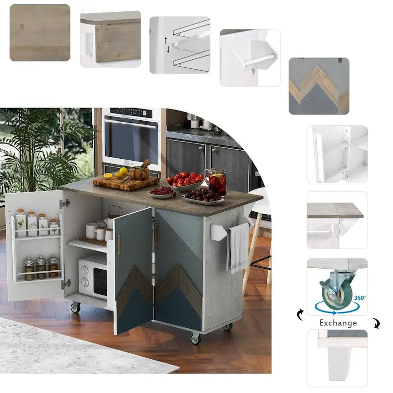 Îlot de cuisine de 51 po de largeur avec comptoir rétro à abattant sur 4 roulettes, étagère de rangement interne et porte-serviettes