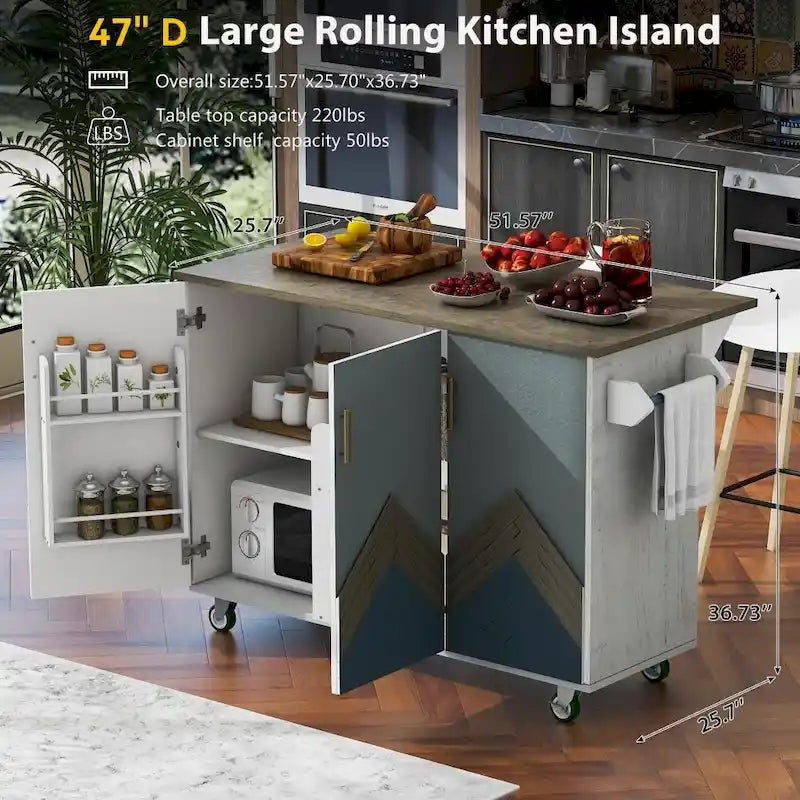Îlot de cuisine en bois de 119 cm avec abattant et étagère de rangement interne