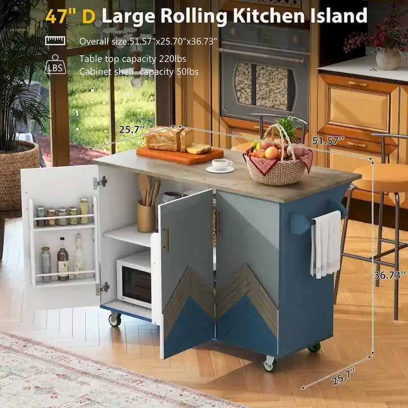 Îlot de cuisine en bois de 119 cm avec abattant et étagère de rangement interne