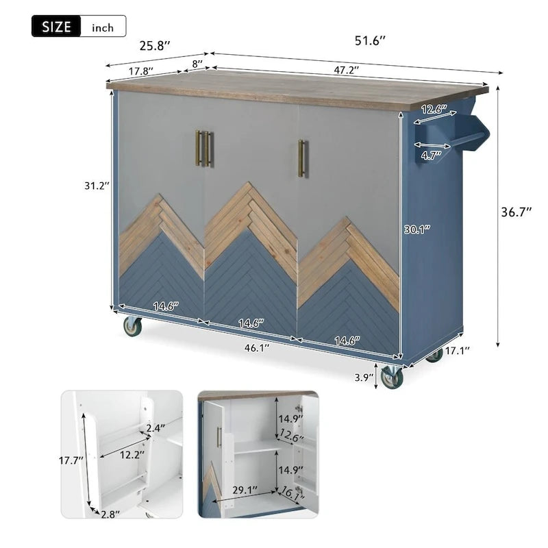 Îlot de cuisine en bois de 119 cm avec abattant et étagère de rangement interne