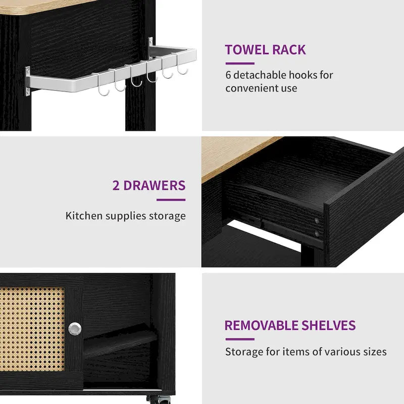 Îlot de cuisine roulant en rotin avec armoire de rangement - 32,2 po L x 19,5 po l x 35 po H