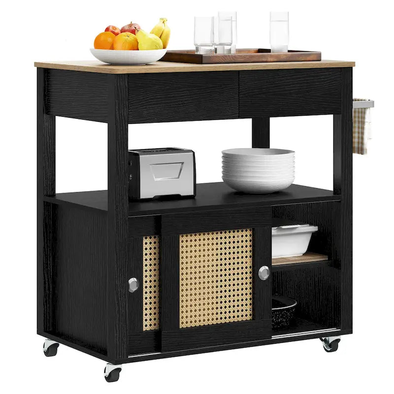 Îlot de cuisine roulant en rotin avec armoire de rangement - 32,2 po L x 19,5 po l x 35 po H