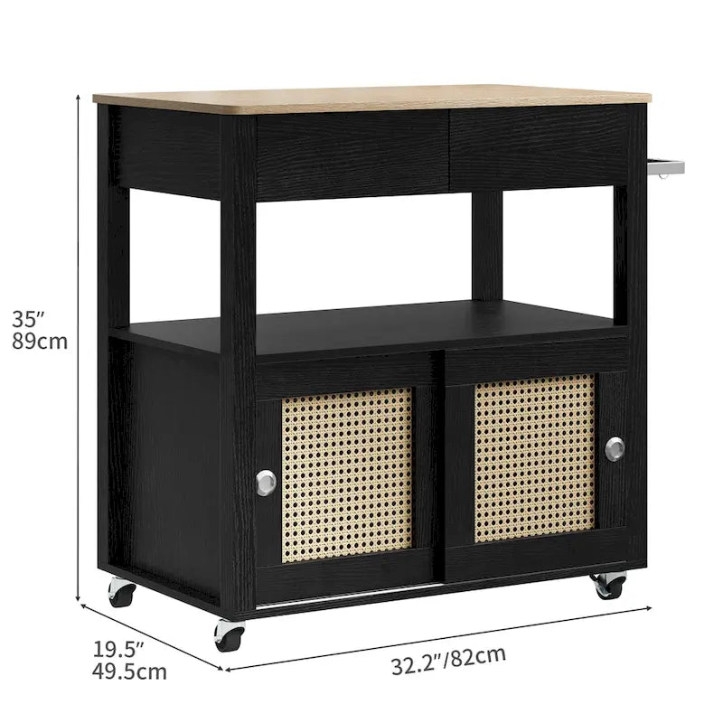 Îlot de cuisine roulant en rotin avec armoire de rangement - 32,2 po L x 19,5 po l x 35 po H