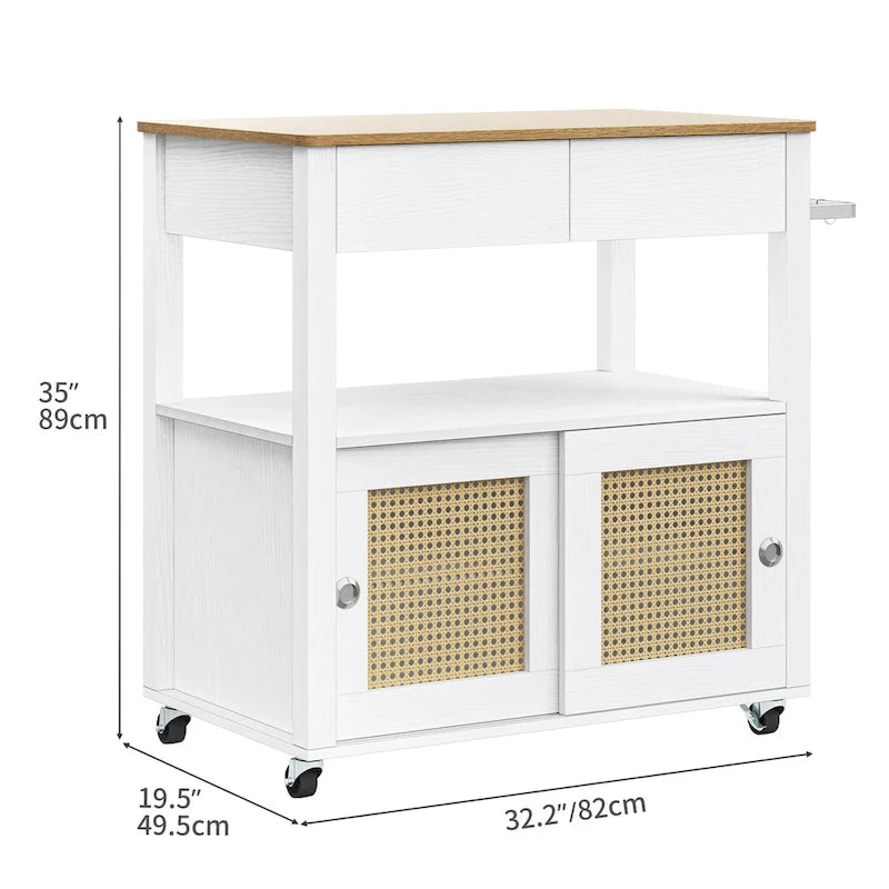 Îlot de cuisine roulant en rotin avec armoire de rangement - 32,2 po L x 19,5 po l x 35 po H