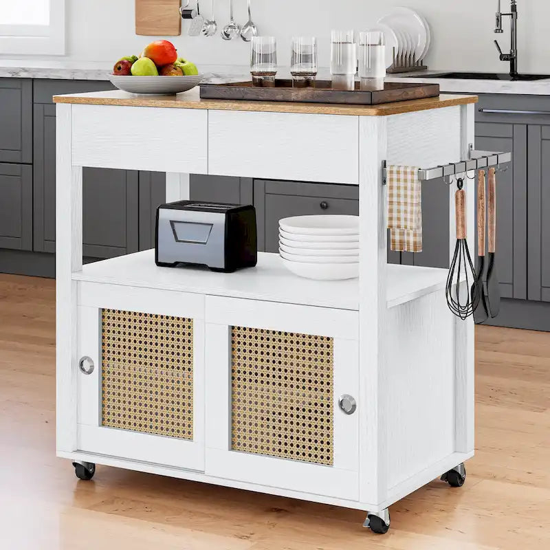 Îlot de cuisine roulant en rotin avec armoire de rangement - 32,2 po L x 19,5 po l x 35 po H
