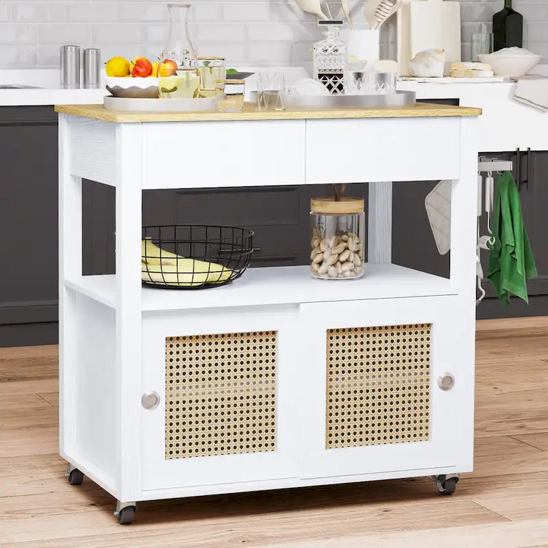 Îlot de cuisine roulant en rotin avec armoire de rangement - 32,2 po L x 19,5 po l x 35 po H