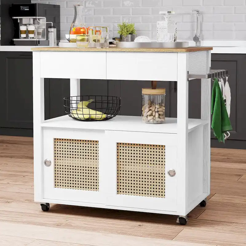 Îlot de cuisine roulant en rotin avec armoire de rangement - 32,2 po L x 19,5 po l x 35 po H