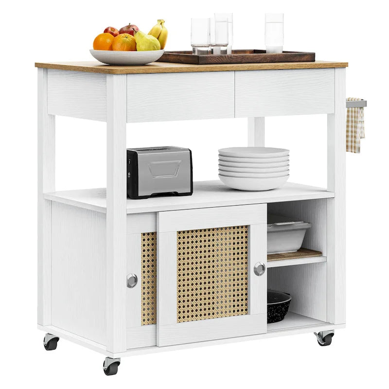 Îlot de cuisine roulant en rotin avec armoire de rangement - 32,2 po L x 19,5 po l x 35 po H
