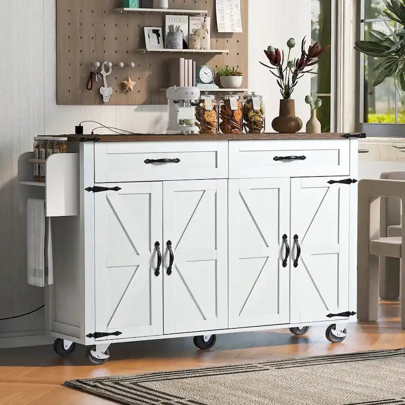 Îlot de cuisine de ferme de 135,9 cm avec prise électrique, abattant et roulettes