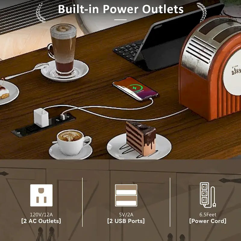 Îlot de cuisine de ferme de 135,9 cm avec prise électrique, abattant et roulettes
