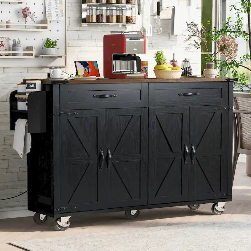 Îlot de cuisine de ferme de 135,9 cm avec prise électrique, abattant et roulettes