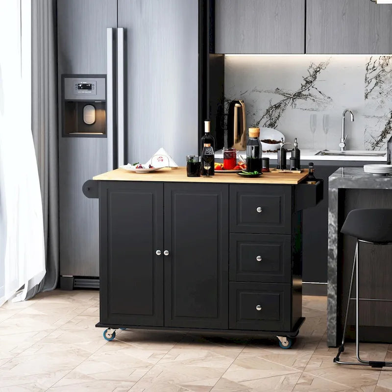 Îlot de cuisine mobile avec abattant, roulettes, rangement et porte-serviettes