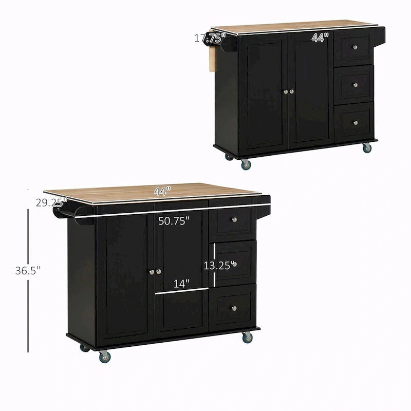Îlot de cuisine mobile avec abattant, roulettes, rangement et porte-serviettes
