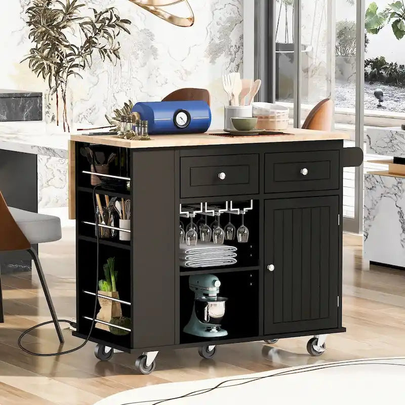 Desserte de cuisine multifonctionnelle avec prise de courant, rangement ouvert et porte-bouteilles – 101,6 x 86,36 cm