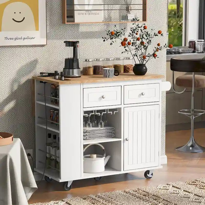 Desserte de cuisine multifonctionnelle avec prise de courant, rangement ouvert et porte-bouteilles – 101,6 x 86,36 cm