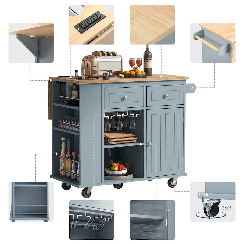 Desserte de cuisine multifonctionnelle avec prise de courant, rangement ouvert et porte-bouteilles – 101,6 x 86,36 cm