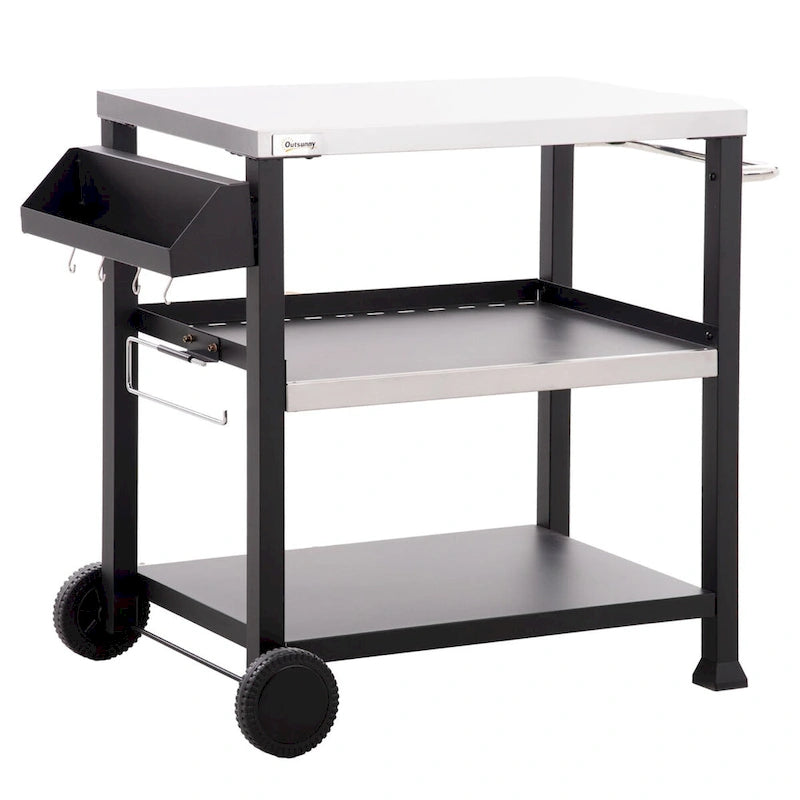 Chariot de desserte pour barbecue d'extérieur à trois étagères avec plateau en acier inoxydable sur roulettes