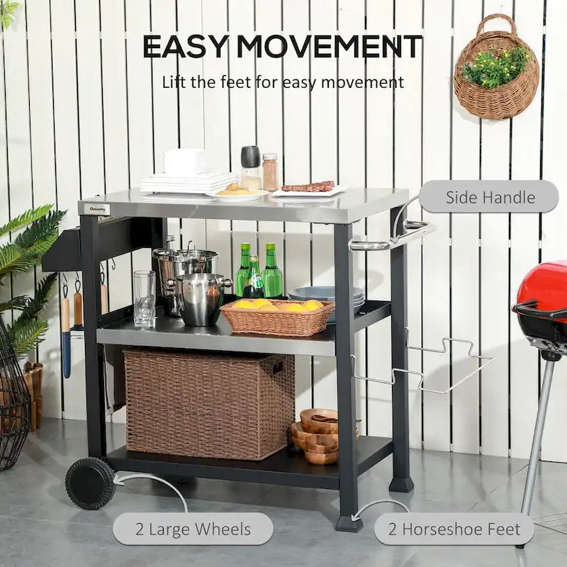 Chariot de desserte pour barbecue d'extérieur à trois étagères avec plateau en acier inoxydable sur roulettes