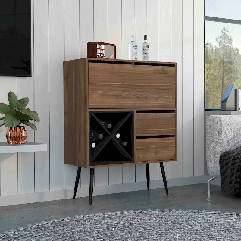 Meuble de bar avec porte-bouteilles, deux tiroirs et placard de rangement