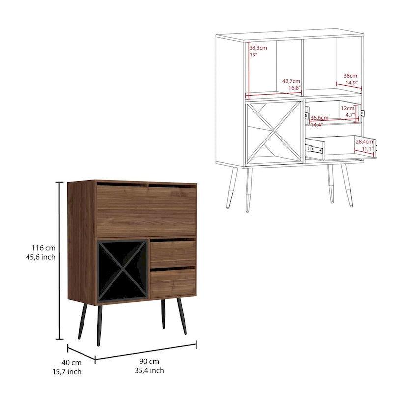 Meuble de bar avec porte-bouteilles, deux tiroirs et placard de rangement
