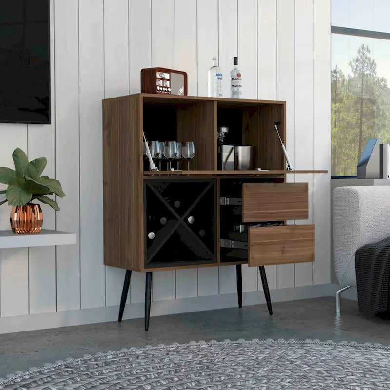Meuble de bar avec porte-bouteilles, deux tiroirs et placard de rangement