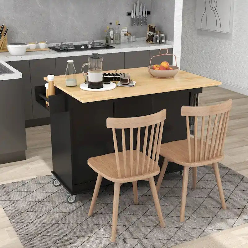 Îlot de cuisine mobile roulant de 133,8 cm avec plateau en bois massif