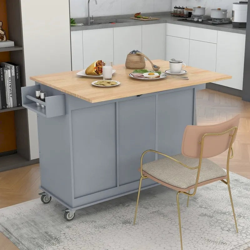 Îlot de cuisine mobile roulant de 133,8 cm avec plateau en bois massif