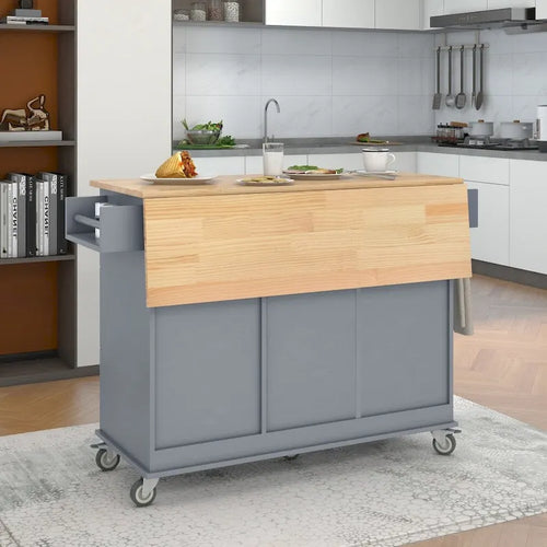 Îlot de cuisine mobile roulant de 133,8 cm avec plateau en bois massif