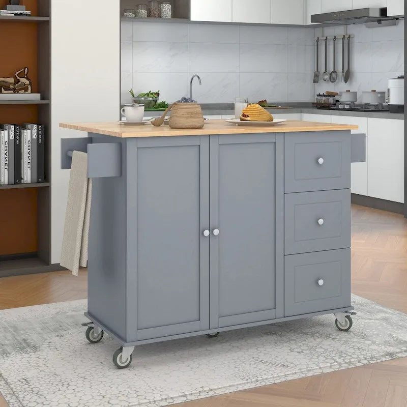 Îlot de cuisine mobile roulant de 133,8 cm avec plateau en bois massif