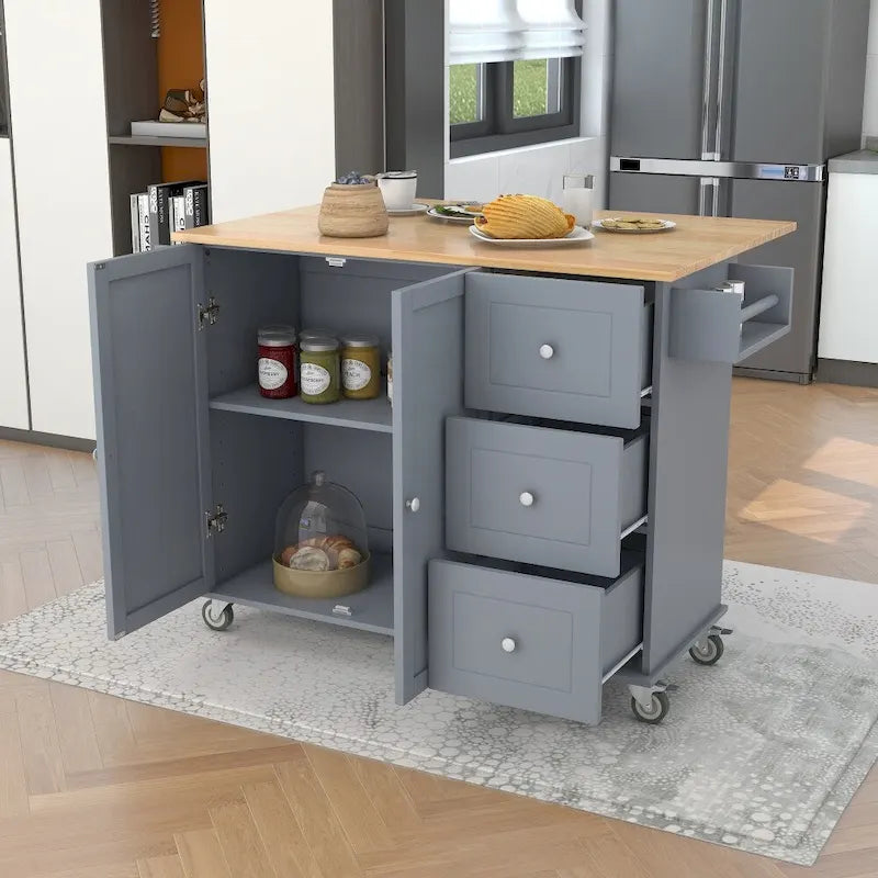 Îlot de cuisine mobile roulant de 133,8 cm avec plateau en bois massif