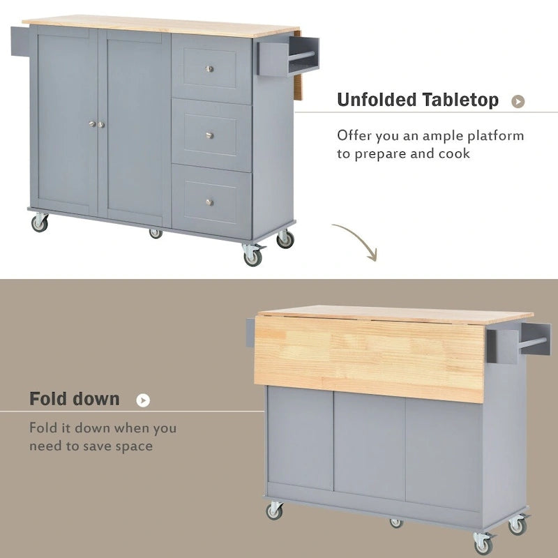 Îlot de cuisine mobile roulant de 133,8 cm avec plateau en bois massif