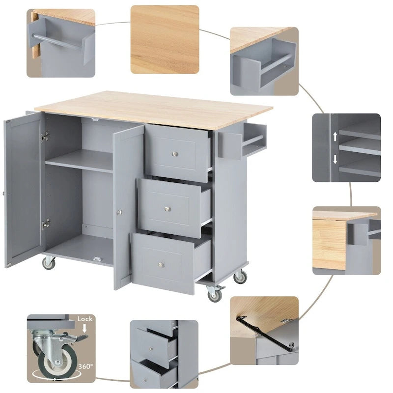 Îlot de cuisine mobile roulant de 133,8 cm avec plateau en bois massif
