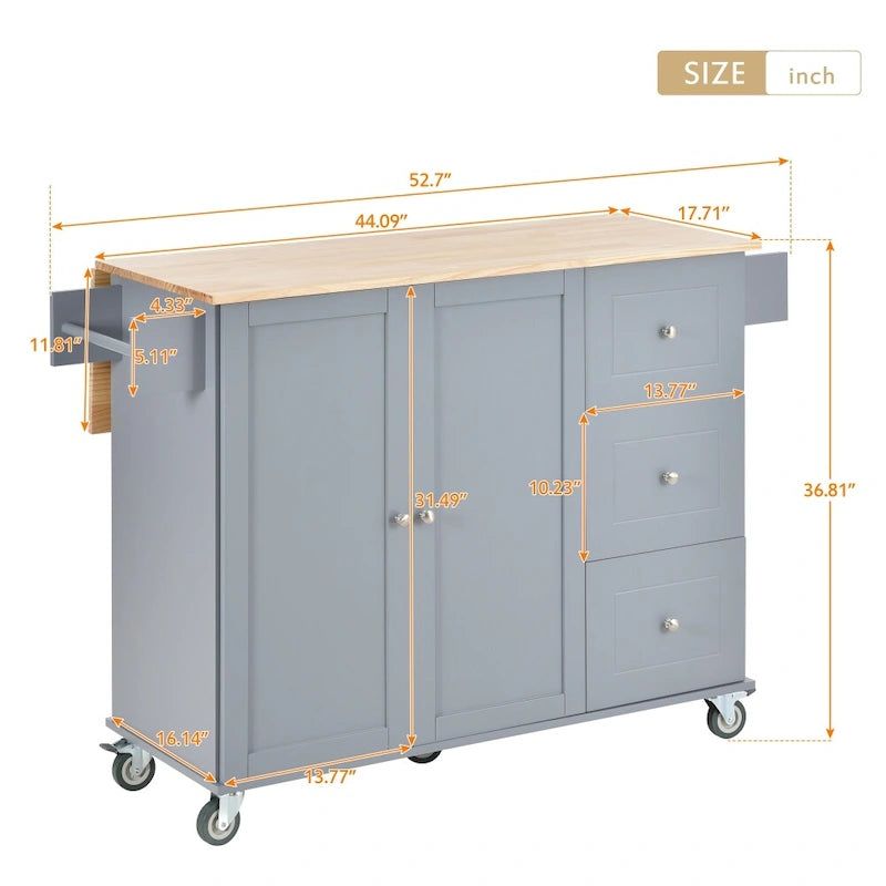 Îlot de cuisine mobile roulant de 133,8 cm avec plateau en bois massif