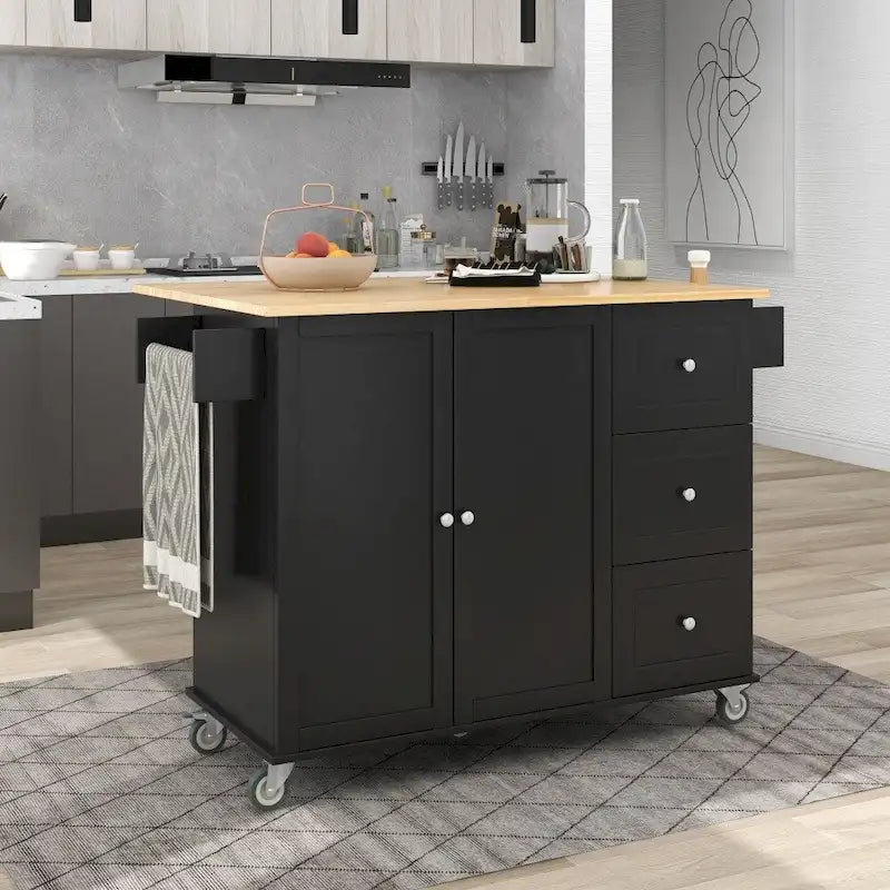 Îlot de cuisine mobile roulant de 133,8 cm avec plateau en bois massif